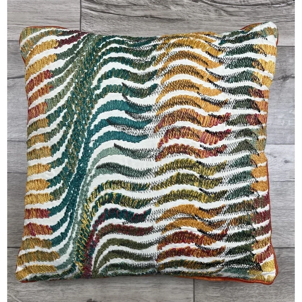 World Market Throw Pillow Cover Waves Embroidered 18